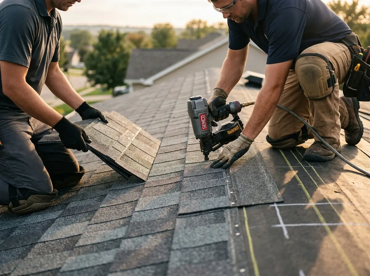 Professional roofer working on a residential roof in Muskego